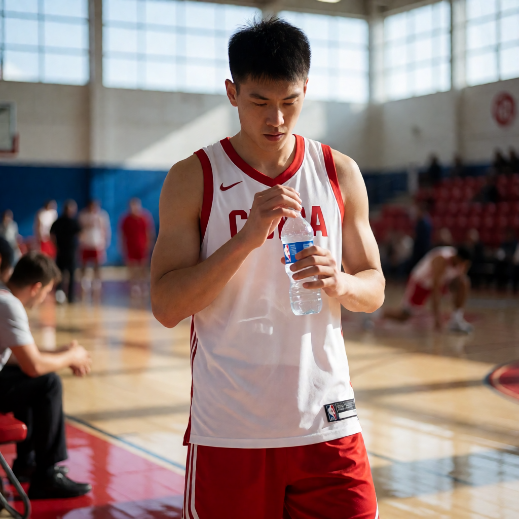 NBA常规赛中场休息时球员在场边补充水分的场景